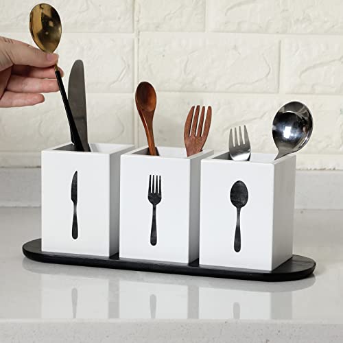 4 Pieces Silverware Caddy Utensil Holder for Countertop Silverware Organizer with Wood Tray Spoon and Fork Holder Cutlery Silverware Holder Utensil Caddy Flatware Organizers for Kitchen (White)