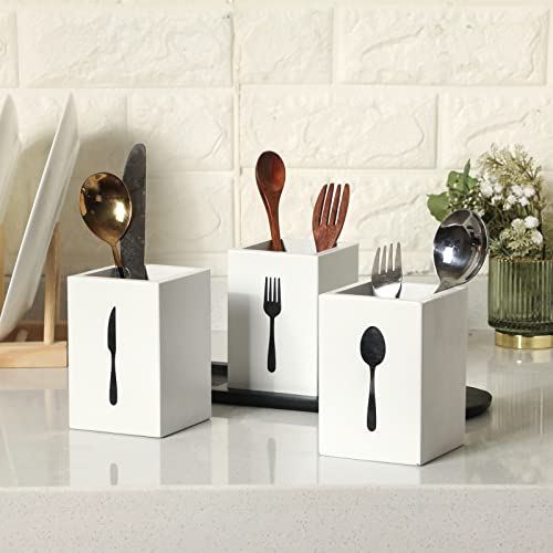 4 Pieces Silverware Caddy Utensil Holder for Countertop Silverware Organizer with Wood Tray Spoon and Fork Holder Cutlery Silverware Holder Utensil Caddy Flatware Organizers for Kitchen (White)