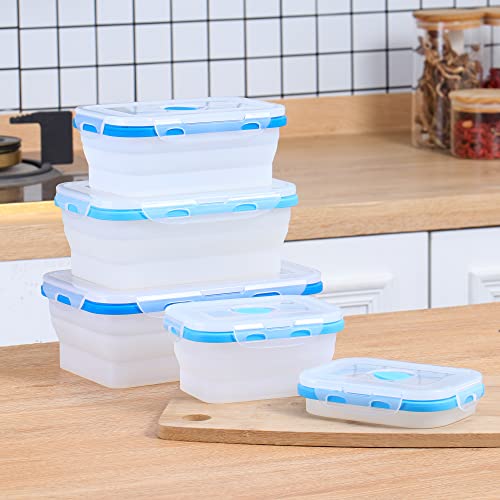 ECOBERI Collapsible Food Storage Containers, Food Grade Silicone, BPA Free, Airtight Snap-Top Lids, Microwave and Dishwasher Safe, Set of 5