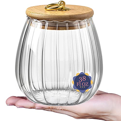 Galazzz 38 Fl oz Airtight Candy Jar with Bamboo Lid,Glass Jar with Lid 1130ml, For Nuts,Cookie(Ovall)