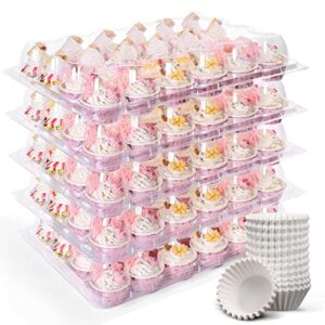lotfancy mini cupcake containers, 24 count, 12 pack plastic cupcake holder with 288 cupcake liners, clear disposable mini cupcake carriers with detachable dome lid