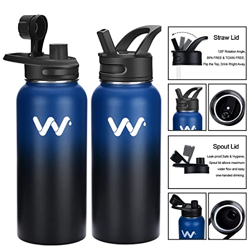 WEREWOLVES 24 oz Insulated Water Bottle With Paracord Handles & Strap & Straw Lid & Spout Lid,Reusable Wide Mouth Vacuum Stainless Steel Water Bottle for Adults (New-Blue Black, 24 oz)