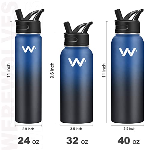 WEREWOLVES 24 oz Insulated Water Bottle With Paracord Handles & Strap & Straw Lid & Spout Lid,Reusable Wide Mouth Vacuum Stainless Steel Water Bottle for Adults (New-Blue Black, 24 oz)