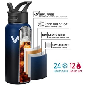 WEREWOLVES 24 oz Insulated Water Bottle With Paracord Handles & Strap & Straw Lid & Spout Lid,Reusable Wide Mouth Vacuum Stainless Steel Water Bottle for Adults (New-Blue Black, 24 oz)