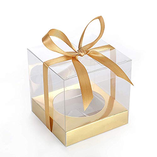 12pcs Clear Plastic Cupcake Boxes, 3.5 Inches Single Cupcake Containers, Metallic Gold Holder Boxes Individual for Cupcakes