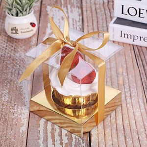 12pcs Clear Plastic Cupcake Boxes, 3.5 Inches Single Cupcake Containers, Metallic Gold Holder Boxes Individual for Cupcakes