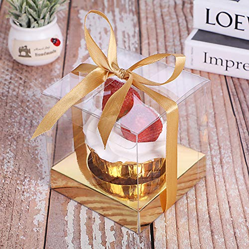 12pcs Clear Plastic Cupcake Boxes, 3.5 Inches Single Cupcake Containers, Metallic Gold Holder Boxes Individual for Cupcakes