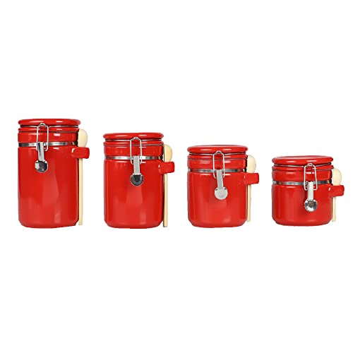 Canister Sets For The Kitchen (4 Piece Set) Red, High Gloss Ceramic | By Home Basics | Decorative Kitchen Set | With Wooden Spoons, Countertop Set For Flour, Sugar, Coffee, and Snacks