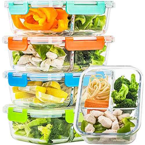 CREST 5 Pack Glass Meal Prep Containers 3 Compartment Set, 34oz Food Storage Containers with Lids Airtight