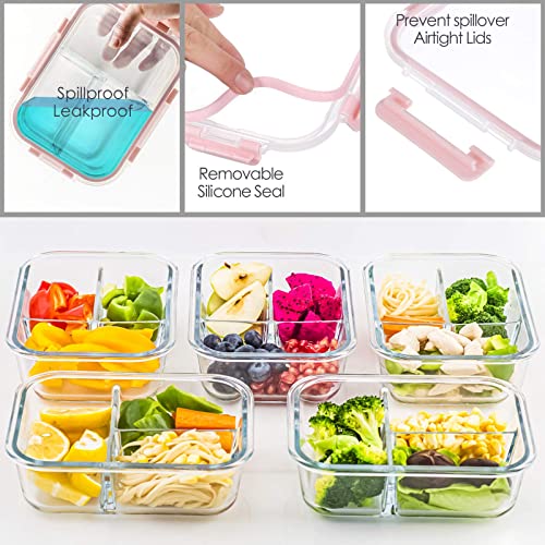 CREST 5 Pack Glass Meal Prep Containers 3 Compartment Set, 34oz Food Storage Containers with Lids Airtight