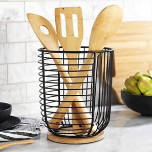 mosjos extra large black utensil holder with wooden base – farmhouse utensil storage – wire crock kitchen countertop organizer – 7.2 x 6.2 cooking utensil holder