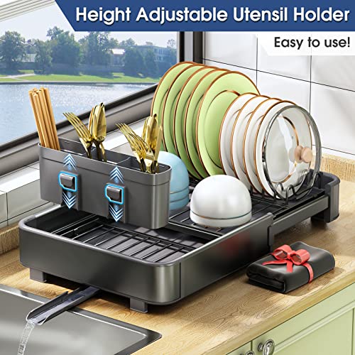 HERJOY Aluminium Dish Drying Rack, Dish Racks for Kitchen Counter, Expandable(14.9"-22.2") Kitchen Large Capacity Dish Drying Rack with Drainboard, Dish Rack with Utensil Holder(Drying Mat Gift)