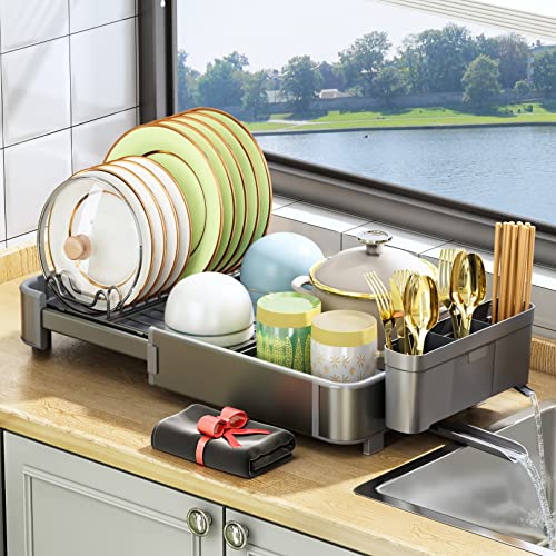 HERJOY Aluminium Dish Drying Rack, Dish Racks for Kitchen Counter, Expandable(14.9"-22.2") Kitchen Large Capacity Dish Drying Rack with Drainboard, Dish Rack with Utensil Holder(Drying Mat Gift)