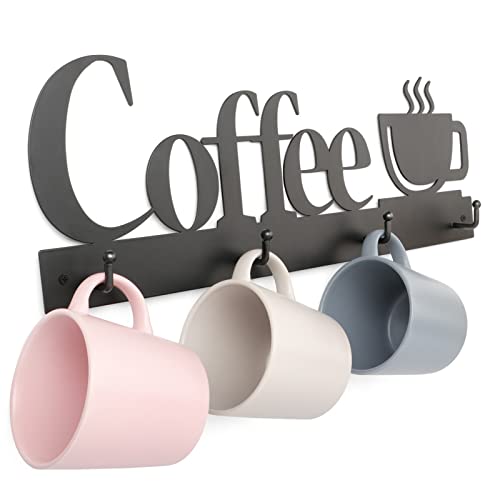 HULISEN Coffee Mug Wall Rack, Coffee Cup Holder Wall Mounted with 12 Heavy Duty Hooks and Metal Coffee Sign, Rustproof Tea Cup Hanger Display Decor for Coffee Bar, Kitchen, Office