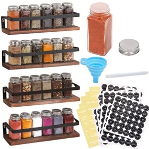 aozita 4 pack spice rack with jars, 25 glass spice jars, hanging spice rack for cabinet, space saving rustic wood floating shelves – spice labels chalk marker and silicone collapsible funnel included