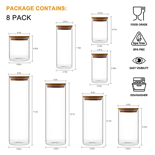 Salzesfalls Glass Canisters Set of 8 Glass Kitchen Canisters with Airtight Bamboo Lid, Glass Storage Jars for Coffee Beans, Flour, Snack, Pasta