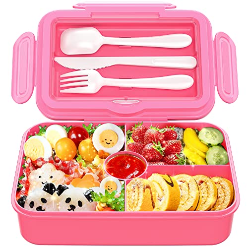 DaCool Lunch Box Kids Bento Box 7.5 Cups with 4-Compartment Leakproof BPA Free Toddler Girls Lunch Containers with Fork Spoon for Meal Snack On-the-Go School Picnic, Microwave Dishwasher Safe, Pink