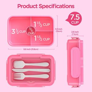 DaCool Lunch Box Kids Bento Box 7.5 Cups with 4-Compartment Leakproof BPA Free Toddler Girls Lunch Containers with Fork Spoon for Meal Snack On-the-Go School Picnic, Microwave Dishwasher Safe, Pink