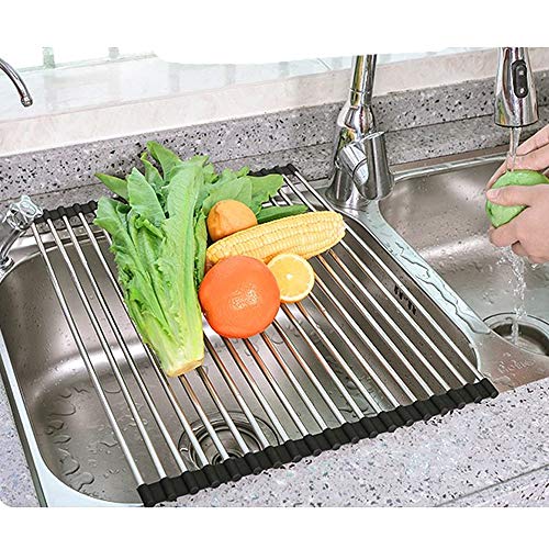 Homexpect Roll up Dish Drying Rack 17 inches x 13.5 inches, 304 Stainless Steel Over The Sink Dish Drying Rack, Foldable, Rollable and Easy to Store, Black