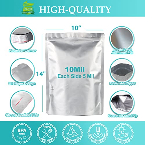 50pcs 1 Gallon Mylar Bags for Food Storage, 10 Mil 10"x14" Stand-Up Zipper Pouches Resealable and Heat Sealable Bags for Long Term Food Storage(10"x14", Extra Thick)