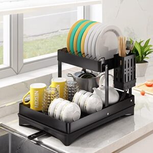 pxrack dish drying rack, collapsible 2 tier stainless steel dish rack and drainboard set for kitchen counter, large rustproof dish drainer with removable water tray, utensil holder, black