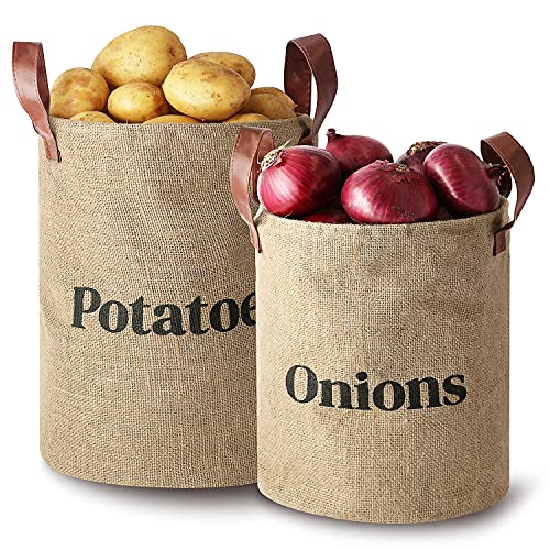 Laxinis World Lined Burlap Pantry Storage Baskets For Potatoes And Onions With Handles, Set Of 2, Decorative Rustic Farmhouse Home Décor Design, Kitchen Organization, 2 Pack