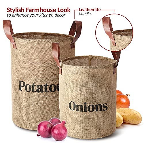 Laxinis World Lined Burlap Pantry Storage Baskets For Potatoes And Onions With Handles, Set Of 2, Decorative Rustic Farmhouse Home Décor Design, Kitchen Organization, 2 Pack