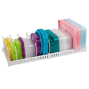 expandable food container lid organizer,large capacity adjustable 10 dividers detachable lid organizer rack for cabinets, cupboards, pantry shelves, drawers to keep kitchen tidy,white(patent pending)