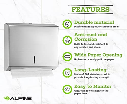 Alpine Industries C-Fold/Multifold Paper Towel Dispenser - Brushed Stainless Steel (290 C Folds/ 380 Multi-Fold)