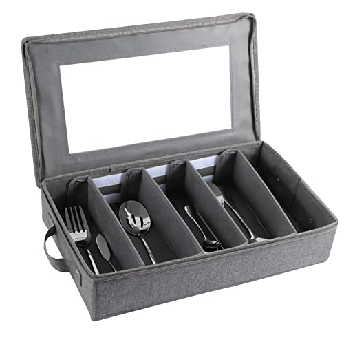 Flatware Utensil Storage Case, Silverware Storage Box Chest with Adjustable Dividers, Cutlery Storage Holder with Zipper Lid for Organizing Cutlery, Flatware, Knives, Large Capacity Gray