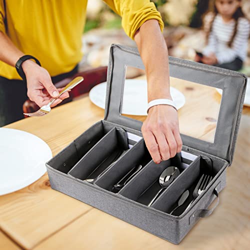 Flatware Utensil Storage Case, Silverware Storage Box Chest with Adjustable Dividers, Cutlery Storage Holder with Zipper Lid for Organizing Cutlery, Flatware, Knives, Large Capacity Gray