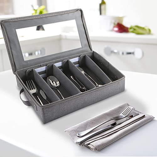 Flatware Utensil Storage Case, Silverware Storage Box Chest with Adjustable Dividers, Cutlery Storage Holder with Zipper Lid for Organizing Cutlery, Flatware, Knives, Large Capacity Gray