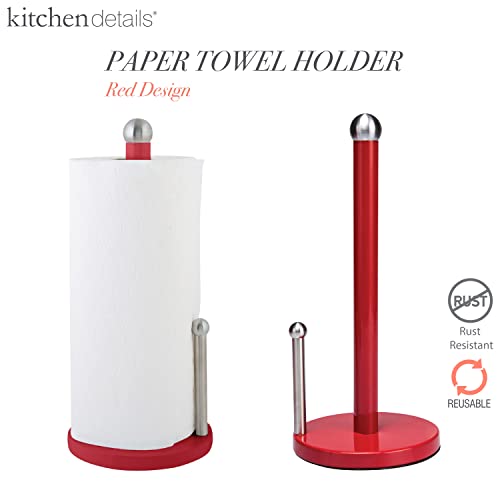 Kitchen Details Countertop Single Tear Paper Towel Holder, Free Standing, Weighted Bottom, Holds Large Rolls, Dispenser Bar Prevents Unraveling, Red