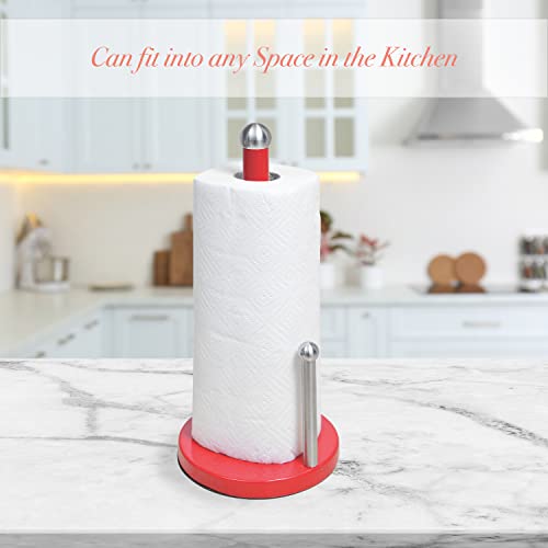 Kitchen Details Countertop Single Tear Paper Towel Holder, Free Standing, Weighted Bottom, Holds Large Rolls, Dispenser Bar Prevents Unraveling, Red