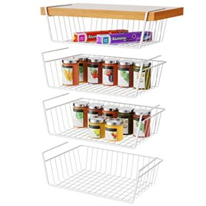 pantry shelves, veckle 4 pack under shelf basket metal basket organizer under cabinet storage with rustproof coated for kitchen pantry cabinet shelves, white