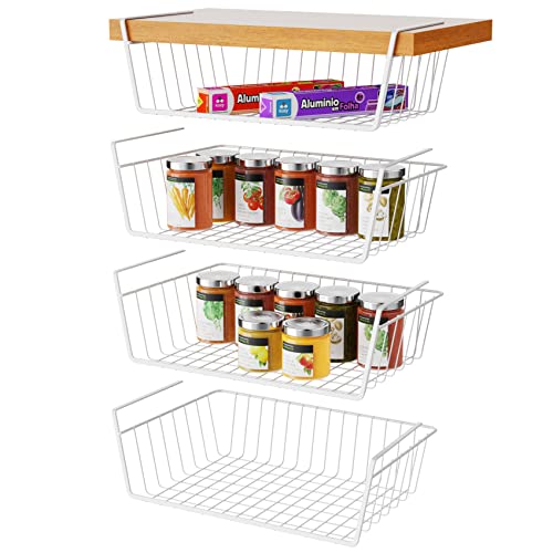 Pantry Shelves, Veckle 4 Pack Under Shelf Basket Metal Basket Organizer Under Cabinet Storage with Rustproof Coated for Kitchen Pantry Cabinet Shelves, White