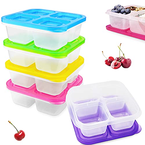 SKPPC Set of 5 Reusable Bento Snack Food Containers, 4 Compartments Leakproof Food Prep Containers for Travel, School and Work