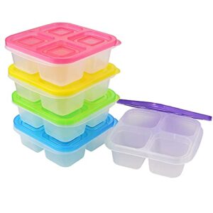 SKPPC Set of 5 Reusable Bento Snack Food Containers, 4 Compartments Leakproof Food Prep Containers for Travel, School and Work