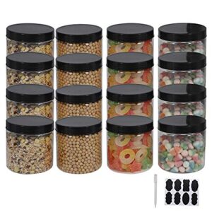 12 pack 16 oz plastic jars with lids, extra labels, 1 pen, clear pet seal jar for food storage,wide opening storage jar for dry food, peanut, powder, kitchen & craft storage by zmybcpack