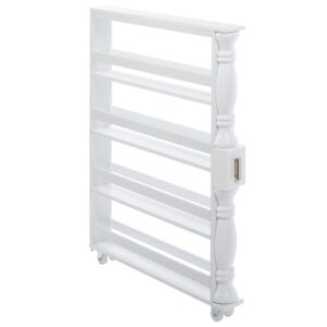 the lakeside collection slim 4 tier white wooden storage rack cart on wheels for small spaces, kitchen, bathroom laundry room organization