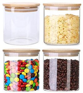 lawei 4 pack glass storage jars with sealed bamboo lids – 18.6 fl oz clear glass bulk food storage canister for serving tea, coffee, spice, candy, cookie