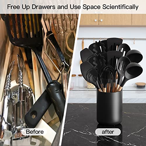 LATCHHOOK Black Ceramic Utensil Holder for Kitchen Counter, Countertop Matte Kitchen Utensil Holder Easy to Clean, Small Cooking Utensils Holder Organizer Crock for Farmhouse Décor 4.5×6.3 INCH