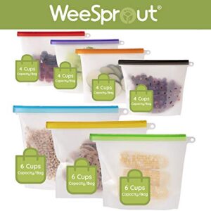 WEESPROUT 100% Silicone Reusable Food Storage Bags | Set of 6 Leakproof & Airtight Bags (Two 6 Cup, Two 4 Cup, and Two 2 Cup Bags) | Freezer & Microwave Safe ((Three) 6 cup, (Four) 4 Cup)