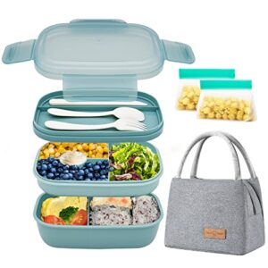 jbgoyon bento lunch box for kids and adult, all-in-one stackable lunch container includes 2 stackable container, built-in plastic cutlery set, tote lunch bag and snack packing, bpa free (green)