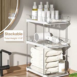 2 Tier Cabinet Organizers and Storage, 2 Pack Slide-Out Stackable Pantry Organization and Storage with Movable Dividers, Multi-Purpose Bathroom Organizer, Kitchen Organization and Storage, Countertop Vanity Medicine Organizer