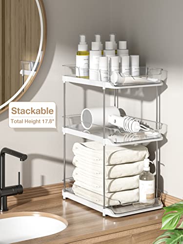 2 Tier Cabinet Organizers and Storage, 2 Pack Slide-Out Stackable Pantry Organization and Storage with Movable Dividers, Multi-Purpose Bathroom Organizer, Kitchen Organization and Storage, Countertop Vanity Medicine Organizer