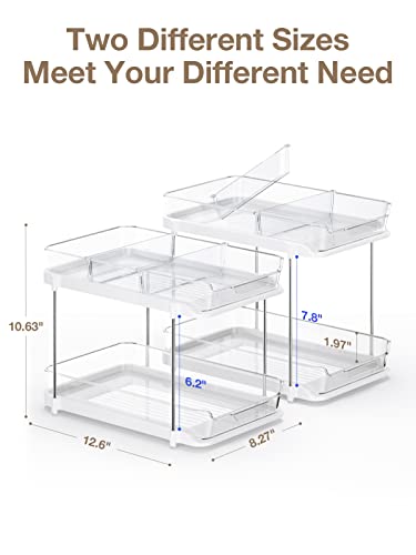 2 Tier Cabinet Organizers and Storage, 2 Pack Slide-Out Stackable Pantry Organization and Storage with Movable Dividers, Multi-Purpose Bathroom Organizer, Kitchen Organization and Storage, Countertop Vanity Medicine Organizer