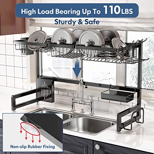 Over The Sink Dish Drying Rack, 2-Tier Adjustable Length(33.5-36.2in) Dish Rack Sink Shelf, Expandable Large Stainless Steel Dish Drainer for Kitchen Counter Organizer Space Saver with 8 Hooks