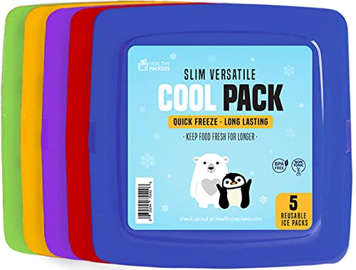 Healthy Packers Ice Packs for Lunch Bags - Freezer Packs - Original Cool Pack | Slim & Long-Lasting Reusable Ice Pack for Lunch Box and Cooler Bag (Set of 5)