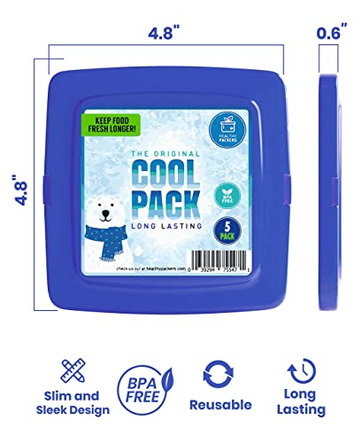 Healthy Packers Ice Packs for Lunch Bags - Freezer Packs - Original Cool Pack | Slim & Long-Lasting Reusable Ice Pack for Lunch Box and Cooler Bag (Set of 5)